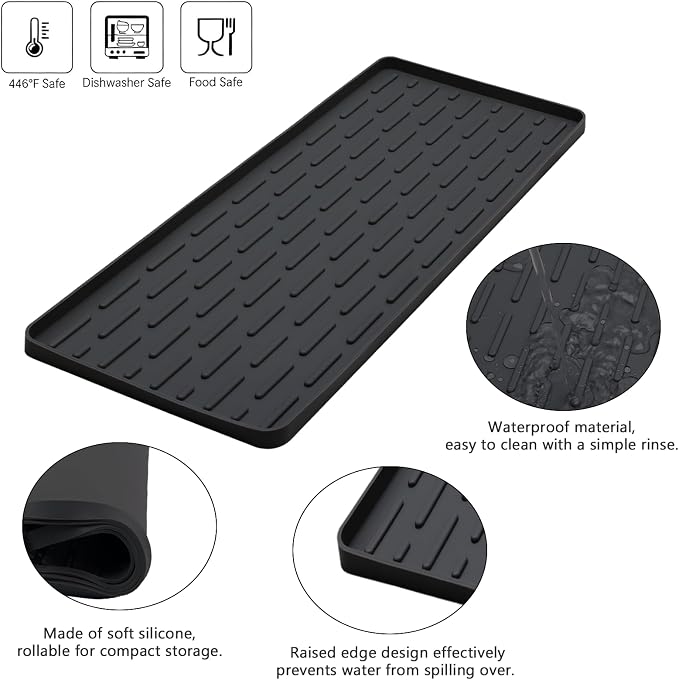 Silicone Coffee Mat, 16"X7" Heat-Resistant,Eco-friendly,Hygienic Drying Pad,Leak-Proof and Non-Slip,Removable Silicone Mat with Concave and Convex Design,（Black 16X7）