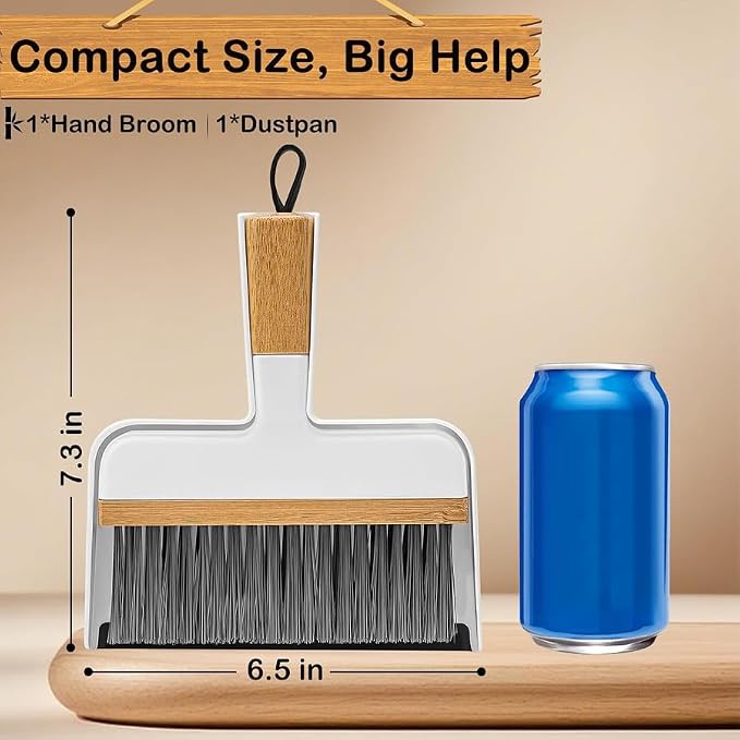 ThinkLearn Mini Dustpan and Brush Set, Bamboo Handle with Rubber Lip | Small Handheld Cleaning Set for Tight Spaces, Small Broom Dustpan for Home Car Camping