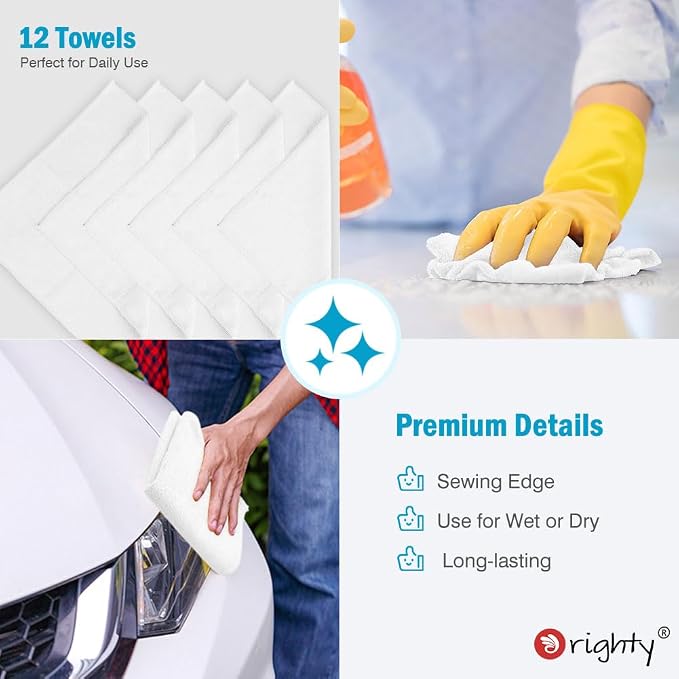 Orighty Microfiber Cleaning Cloth, Cleaning Rags, 12 Pack, 12x11 in, White | Microfiber Towels for Cars, Soft Highly Absorbent Rag, Lint Free Cloths for Car Care, House, Kitchen