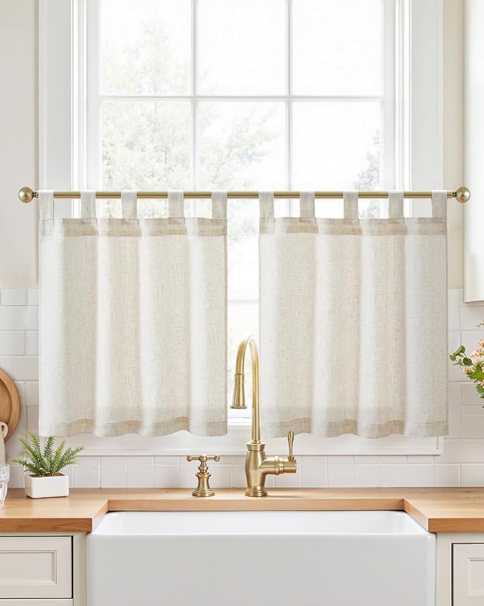 jinchan Linen Tier Curtains, Tab Top, 26x24, 2 Panels, Natural | Light filtering, linen blend, farmhouse style, rustic decor, cafe curtain, kitchen, bathroom, laundry room, RV, small windows