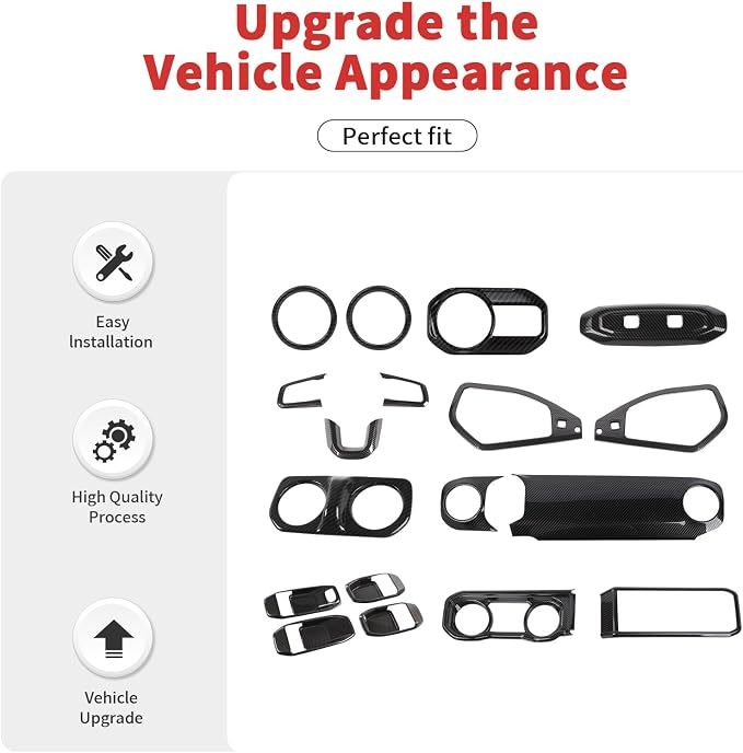 21PCS Full Set Interior Trim Kit for 2024-2026+ Jeep Wrangler JL JLU & Jeep Gladiator JT, Dashboard Side Outlet Door Handle Bowl Headlight Switch Roof Reading Light Cover (Black Carbon Fiber)