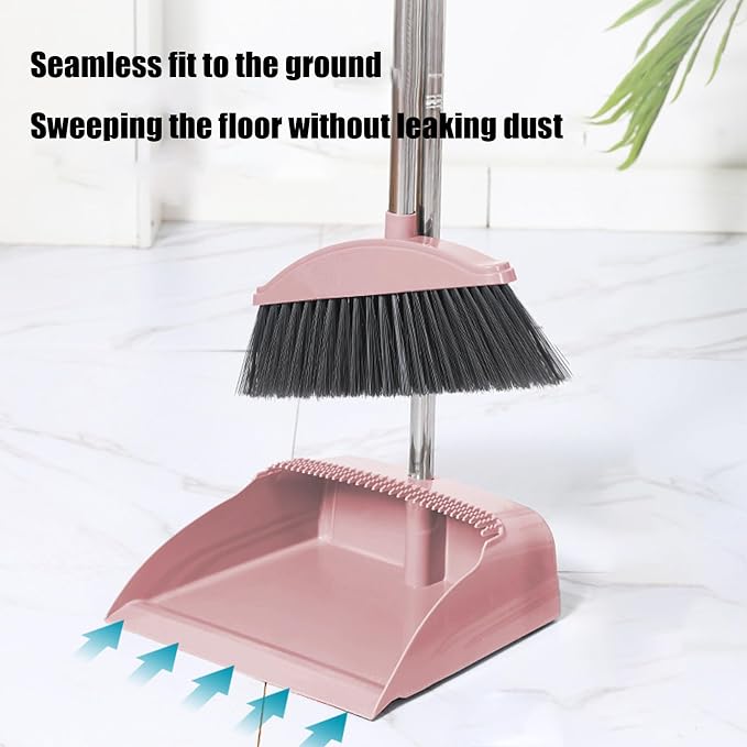 Broom and Dustpan Set for Home Indoor 180 Rotatable Broom with Dustpan Combo Set for Office Home Kitchen Lobby Floor Cleaning Broom Dustpan for Indoor & Outdoor Sweeping (Pink)