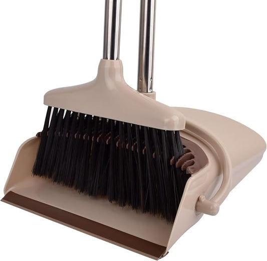 Upgraded Broom and Dustpan Set with Long Handle Standing Broom with Dustpan Combo for Home Kitchen Room and Offices