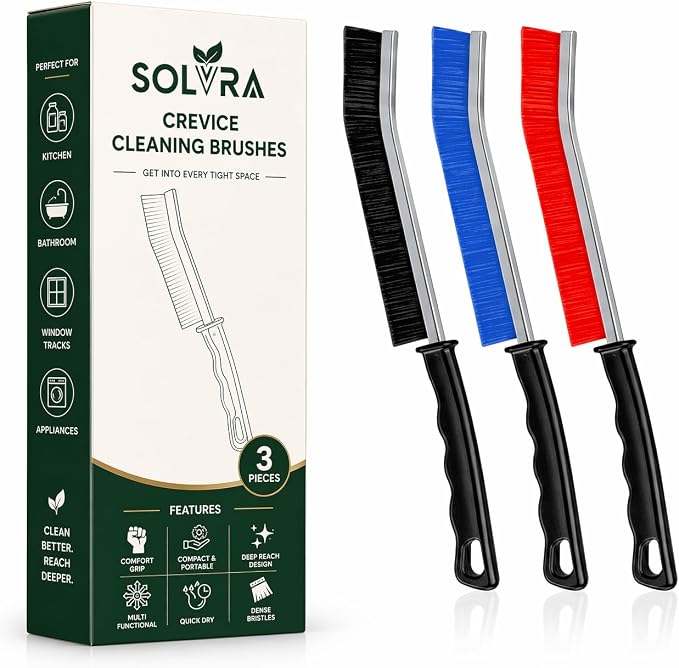 Crevice Cleaning Brush Set – 3Pcs Hard Bristle Cleaning Tools in Black, Red & Blue for Grout, Tile Floors, Gaps & Narrow Spaces – Small Grout Scrub Brush for Bathroom, Shower, Window Tracks, Kitchen
