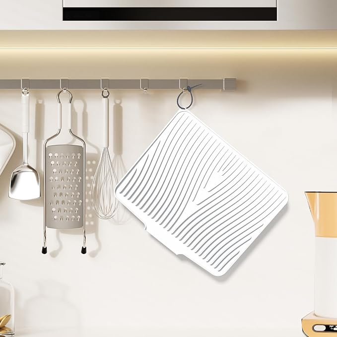 Silicone Dish Drying Mat for Kitchen counter, 19.7"x17" Extra Large Non-Slip Drain Pad with Built-in Drainage, Heat Resistant Dishwasher Safe, Ivory