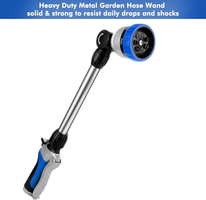 RESTMO Heavy Duty Metal Hose Wand, Watering Wand for Garden Hose | 180° Swivel Ratcheting Head, 16'' Hose Sprayer, 7 Spray Patterns, Flow Control, Ideal for Hanging Baskets & Shrubs, Blue