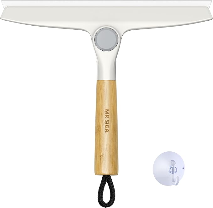 MR.SIGA Silicone Squeegee for Shower Door, Mirror, Glass, 10 inch, White | Streak free shower squeegee for windows, showers and glass surfaces, pivoting bamboo handle, includes 1 suction hook