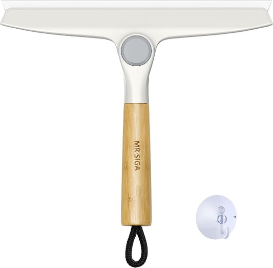 MR.SIGA Silicone Squeegee for Shower Door, Mirror, Glass, 10 inch, White | Streak free shower squeegee for windows, showers and glass surfaces, pivoting bamboo handle, includes 1 suction hook