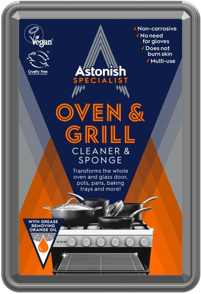 Astonish Specialist Oven & Grill Cleaner & Sponge, 250g – Powerful Degreasing Paste with Orange Oil, Restores Shine Without Harsh Chemicals – For Ovens, Grills, Racks & Toughened Glass