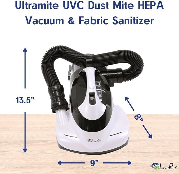 LivePure - Ultramite Handheld HEPA Filter Vacuum & Fabric Sanitizer - Dual Motor Brush, UVC Light, And Anti- Allergen Filter To Remove Dust Mites, Bacteria, Viruses