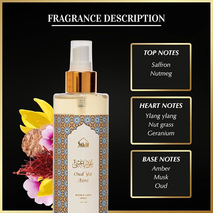 Oud Ya Aini Saffron Spray by Dukhni | 250ml Arabic Oud Air Freshener | Saffron & Oud Linen Spray for Home, Prayer Mats, Bed, Sofa, Living Room, Curtain, Car | Room Freshener, Odour Eliminator
