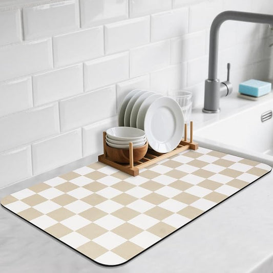 CooRug Checkered Dish Drying Mat, 16" x 24", Beige | Absorbent, Leak-Proof, Non-Slip, Heat Resistant, For Kitchen Counter & Coffee Bar, Eco-friendly Materials, Easy to Clean