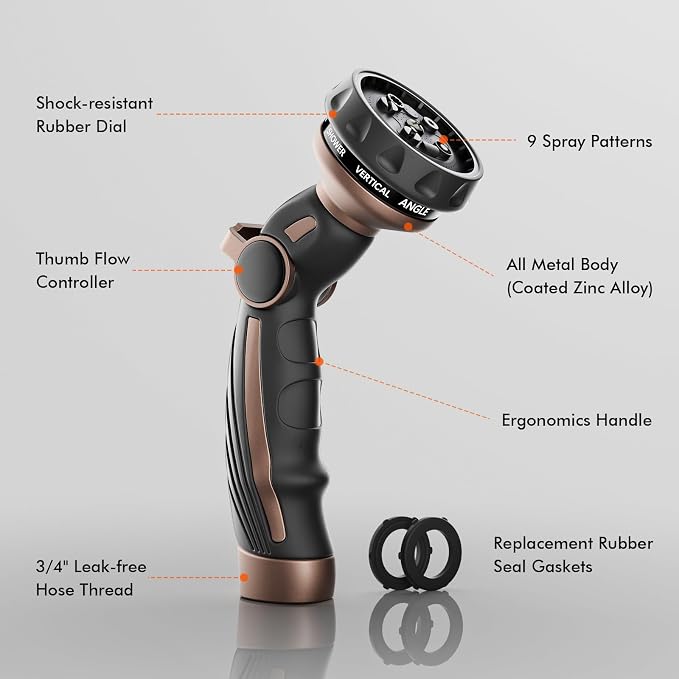 RESTMO Hose Nozzle Heavy Duty, Metal Water Hose Sprayer for Garden | 9 Spray Patterns, Leak Proof, Thumb Flow Control, On/Off Valve, Ideal for Outdoor Lawn & Plant, Car & Pet, Brown