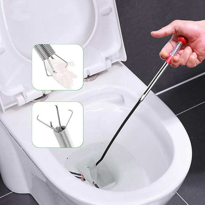 76 Inch Drain Snake Hair Clog Remover with Round Knob, 4-Claw Grabber Tool | Reusable and easy to rinse clean; flexible for curved pipes and hard-to-reach clogs in sinks, tubs, showers and downspouts