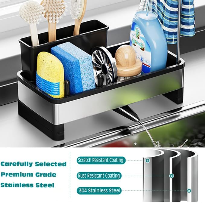 304 Stainless Steel Sink Caddy with Auto-Drain, Rustproof Sink Organizer, Sponge Holder with Removable Brush Holder & Towel Rack, Countertop Storage for Dish Soap Dispenser, Kitchen Sink Accessories