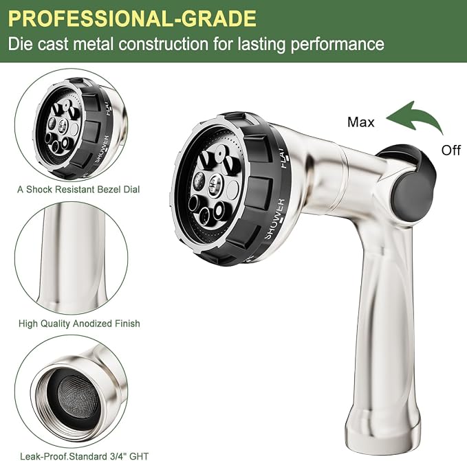FANHAO Thumb Control Garden Hose Nozzle Heavy Duty Metal, 8 Spray Patterns | Rustproof Zinc Alloy Water Hose Sprayer, High Pressure, Non-Slip Ergonomic Grip for Lawn & Plant Watering, Car & Pet Washing