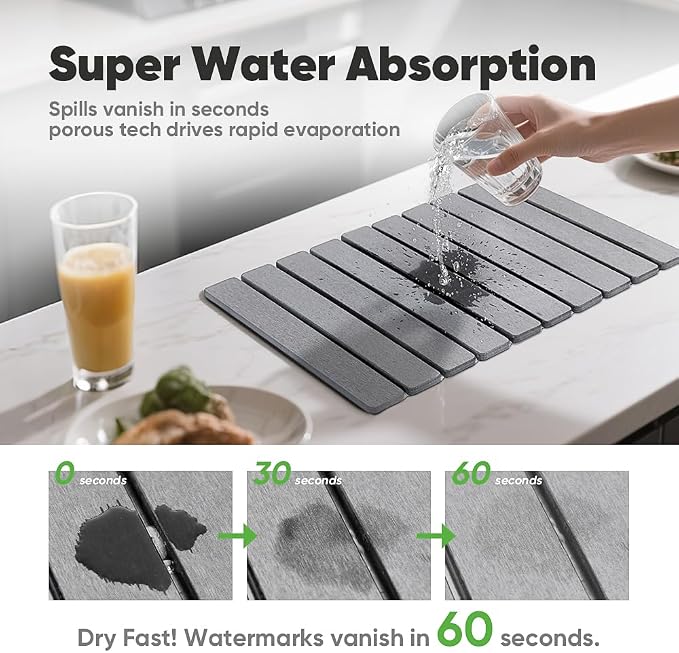 Stone Drying Mat for Kitchen Counter, Quick Diatomaceous Earth Mats for Dishes, 24"L x 16" W Super Absorbent Fast-Drying Collapsible Countertop Stone Mat (Light Grey, 24" x 16")