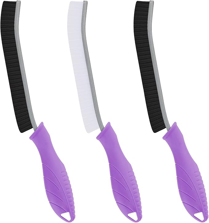 FOOGWEE Hard Bristle Crevice Cleaning Brush - Cleaning Supplies - Grout Cleaning Brushes for Household Use - Crevice Cleaning Tool for Bathroom, Home and Kitchen (3, Purple)