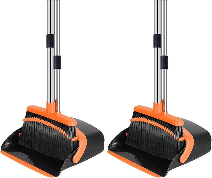 NACENA Broom and Dustpan Set, 52-in Long Adjustable Handle Broom Dustpan Combo with Dust pan Teeth to Automatically Clean Hair Suitable for Home Kitchen Office Hall Floor (Black&Orange), 2 Pack