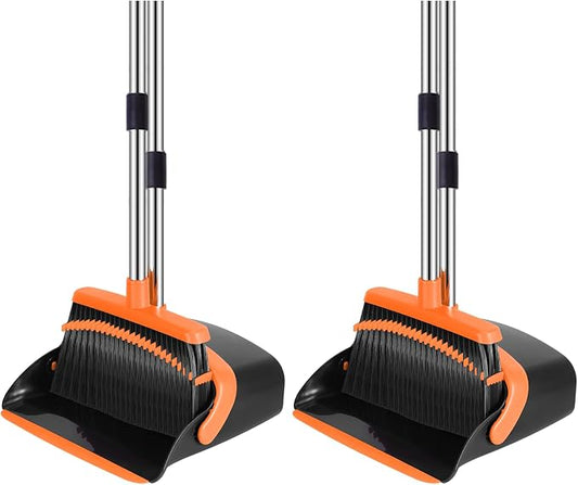 NACENA Broom and Dustpan Set, 52-in Long Adjustable Handle Broom Dustpan Combo with Dust pan Teeth to Automatically Clean Hair Suitable for Home Kitchen Office Hall Floor (Black&Orange), 2 Pack
