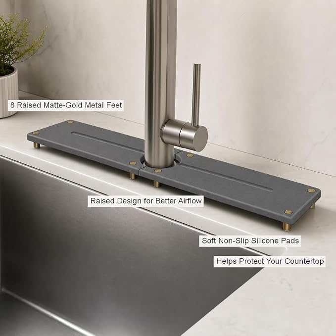 2PCS Stone Faucet Mat for Kitchen Sink, Water Absorbing Sink Tray Organizer for Bathroom Counter, Diatomite Soap Dish Coaster Caddy Riser, Sponge Holder Dispenser Mat, Dark Gray, 23.6" x 4", 1 Set