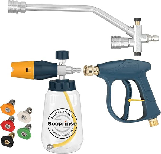 Sooprinse Pressure Washer Foam Cannon with Short Pressure Washer Gun, Dual Connector Accessory, Snow Soap Attachment for Car Wash, 5 Nozzles Tips with 1/4” Quick Connect， 4000 PSI