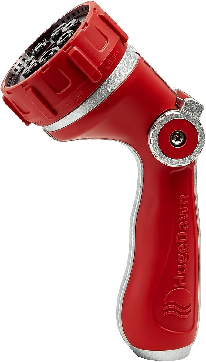 HugeDawn Garden Hose Nozzle with 7 Spray Patterns, Heavy Duty Metal Sprayer 30% Greater Water Flow for Watering, Car Wash, Outdoor Cleaning (Red)