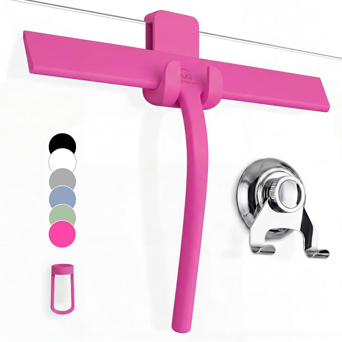GÜTEWERK Silicone Shower Squeegee for Glass Doors & Mirrors with Stainless Steel Core, Streak-Free & No-Squeak Window Cleaning, 3-in-1 No-Drill Mount (Hook/Suction/Adhesive),Pink, 11 Inches