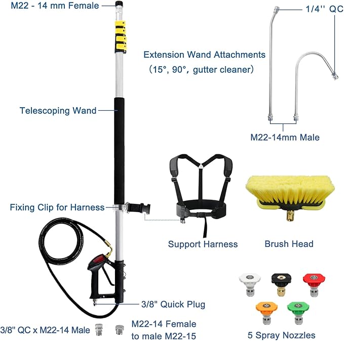 janz Aluminum 24 FT Telescoping Pressure Washer Wand with Pressure Washer Extension Wand,Gutter Cleaner Attachment, 5 Spray Nozzle Tips, 2 Hose Inlet Adapters and Support Harness | Gutter Cleaner Attachment, 5 Spray Nozzle Tips, 2 Hose Inlet Adapters a...