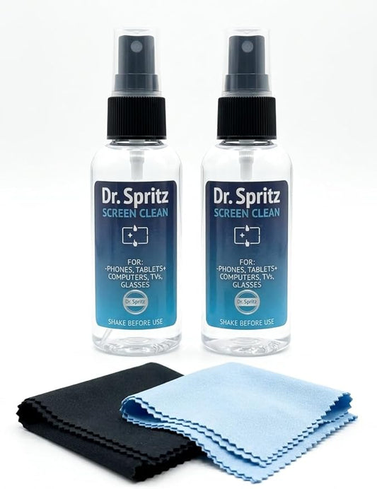 Dr. Spritz Screen Cleaner Spray (2 Pack) - Streak-Free Cleaning Kit for Laptop, MacBook, iPhone, Smart TV & Computer Monitor - Plant-Based & Alcohol-Free - Includes 2 Microfiber Cloths & Detail Tools