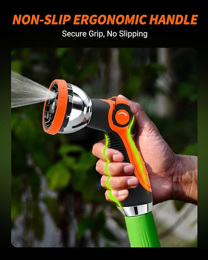 Garden Hose Nozzle Heavy Duty, Metal Water Hose Sprayer with 10 Adjustable Spray Patterns, Thumb Control On Off Valve, High Pressure Hose Nozzle for Watering, Car Washing & Pet Shower - Orange