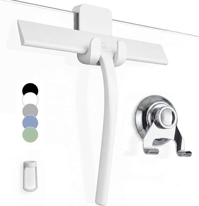 GÜTEWERK Silicone Shower Squeegee for Glass Doors & Mirrors with Stainless Steel Core, Streak-Free & No-Squeak Window Cleaning, 3-in-1 No-Drill Mount (Hook/Suction/Adhesive),White, 9 Inches