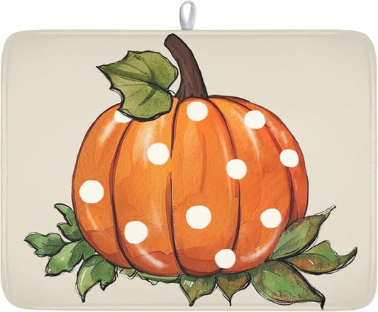Fall Pumpkin Dish Drying Mat for Kitchen Counter 18 x 24 Inch Autumn Green Leaf Dish Drainer Mat Absorbent Microfiber Thanksgiving Harvest Dish Rack Pad for Coffee Dining Bar Decor