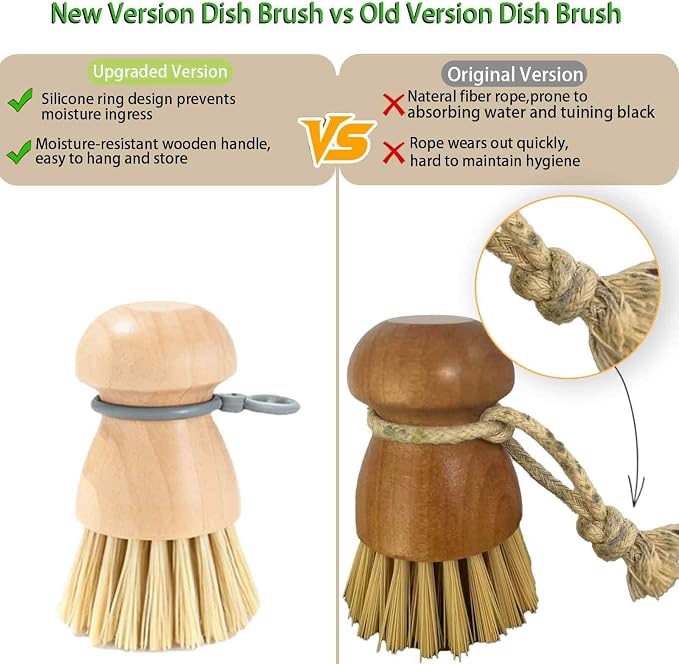 2 Pack Wooden Dish Brush with Soft Rubber Hanging Ring