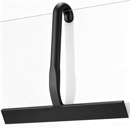 10 Inch Silicone Shower Squeegee for Glass Doors, Streak-Free, Black | No-Squeak Silicone Blade, Ergonomic Round Grip and Built-In Hook for Quick Daily Cleaning of Shower Glass, Tile and Windows