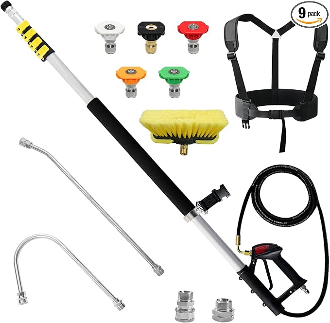 janz Aluminum 24 FT Telescoping Pressure Washer Wand with Pressure Washer Extension Wand,Gutter Cleaner Attachment, 5 Spray Nozzle Tips, 2 Hose Inlet Adapters and Support Harness | Gutter Cleaner Attachment, 5 Spray Nozzle Tips, 2 Hose Inlet Adapters a...