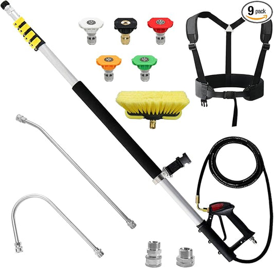 janz Aluminum 24 FT Telescoping Pressure Washer Wand with Pressure Washer Extension Wand,Gutter Cleaner Attachment, 5 Spray Nozzle Tips, 2 Hose Inlet Adapters and Support Harness | Gutter Cleaner Attachment, 5 Spray Nozzle Tips, 2 Hose Inlet Adapters a...