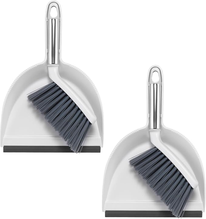 NACENA Mini Broom and Dustpan Set, 2 Packs, White&Gray | Small Dust Pan and Brush Set with Handle Dustpan Teeth for Cleaning Hair Suitable for Desks Sofas Pet Care Outdoor Camping