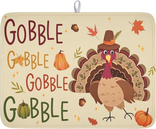 Thanksgiving Turkey Dish Drying Mat for Kitchen Counter 18x24 Inch Pumpkin Dish Drainer Mat Absorbent Microfiber Gobble Dish Rack Pad for Fall Holiday Coffee Dining Bar Decor