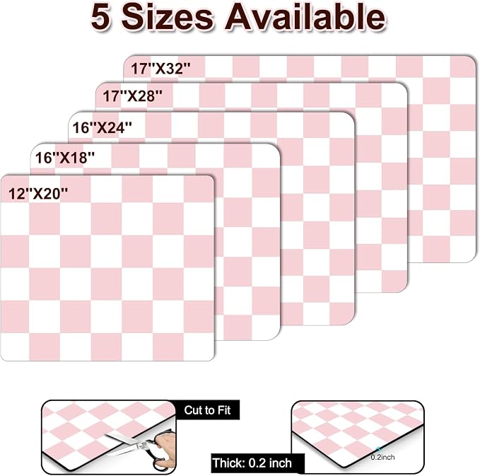 Dish Drying Mat for Kitchen Counter, 12" x 20" Checkered Coffee Bar Mat for Espresso Machine, Absorbent and Stain-Resistant Countertop Protector, Non-Slip Rubber Back Drying Pad, Pink & White