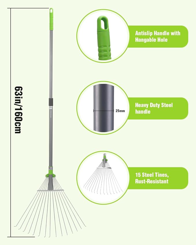 WORKPRO Adjustable Garden Leaf Rake, Heavy Duty Metal Lawn Rake with Extendable Handle 32"–63", Collapsible Rake Head 7.5"–20", Telescopic Yard Rake for Leaves, Grass, Pine Needles & Garden Cleanup