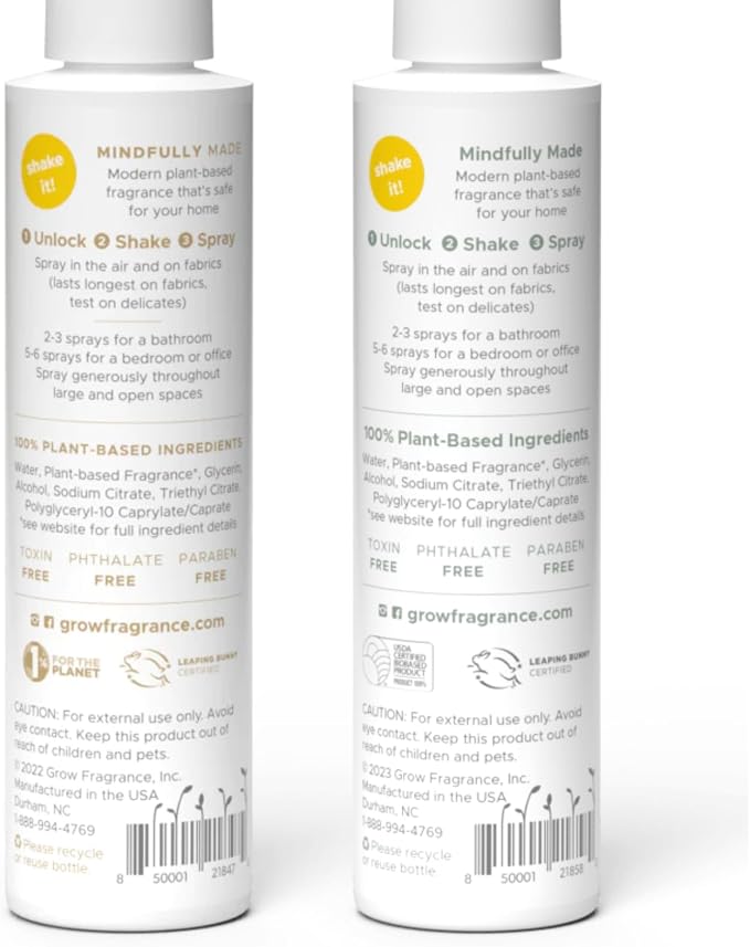 Grow Fragrance Certified Non Toxic, 100% Plant Based Fabric and Room Air Freshener Spray. Made with All Natural Essential Oils (Woodland Sage & Pacific Driftwood 2 pack) 2 x 5oz