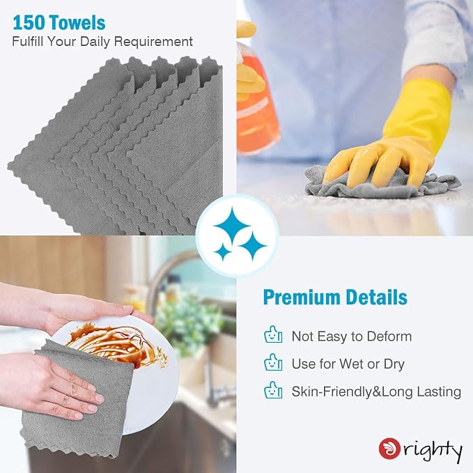 Orighty Microfiber Cleaning Cloth Bulk, 150 Pack Shop Towels, Reusable Cleaning Rags, Lint Free Microfiber Towels for Cars, Home & Kitchen, 12x12 Inch, Grey