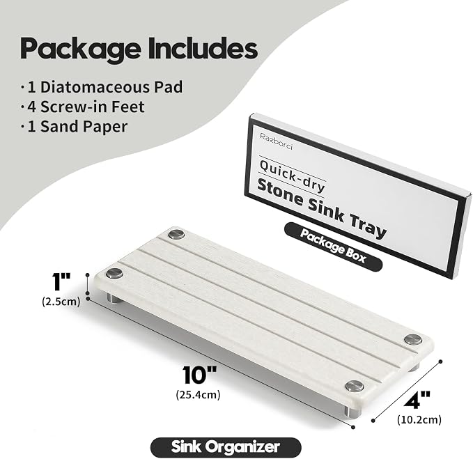 Razborci Quick Dry Bathroom Tray & Kitchen Sink Organizer, Water Absorbing Countertop Sponge Holder Soap Dish, Diatomaceous Earth Stone Vanity Dispenser Toothbrush Bottle, Gray Beige, 10" x 4"