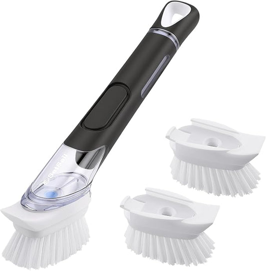 SetSail Dish Brush with Soap Dispenser, Stiff Bristles with Built-in Scraper Dish Scrubber with 3 Pack Replaceable Brush Head Dish Scrub Brush with Non-Slip Handle for Kitchen Sink, Dishes, Pans, Pot