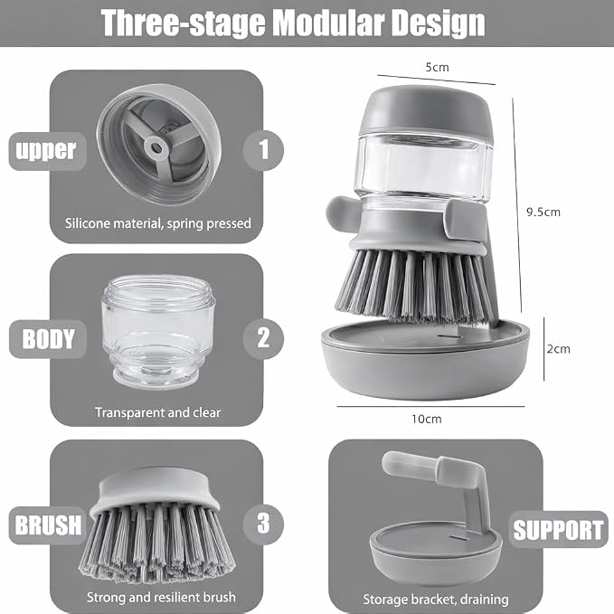 Soap Dispensing Dish Brush with Holder – Leakproof Kitchen Scrubber Brush with Soap Dispenser, Palm Grip Dish Cleaning Brush for Pots, Pans, Sink & Dishes – Gray