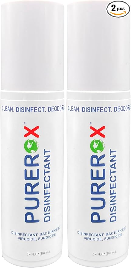 PUREROX disinfectant (3.4oz, 2pk) TSA Approved travel size. Eliminate 99.9999% viruses Norovirus, MRSA, Fungus, Bacteria. Hospital Grade. Safe for Use Anywhere. No residue. Suitable for All Surfaces.