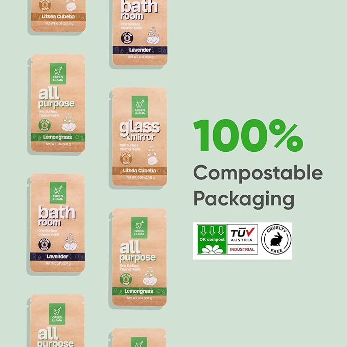 Green Llama Bathroom Cleaner Refill 8-Pack: Certified Compostable Packaging, Eco-Friendly & Sustainable Natural Cleaning Solution for a Sparkling Clean Bathroom