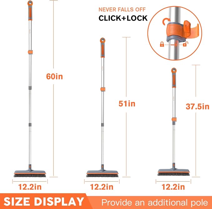 Eazer 2-in-1 Floor Scrub Brush with Long Handle, Soft/Hard Bristle Concrete Deck Brush with Squeegee, Garage Floor Cleaner for Tile/Concrete, Indoor/Outdoor Kitchen Bathroom Pool Deck -12" W/60 H