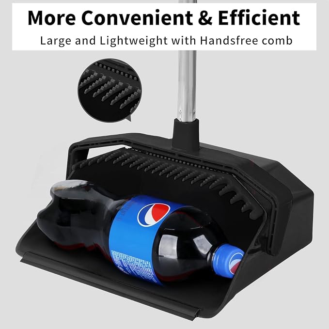 Broom and Dustpan Set for Home, 51" Long Handle Standing Dustpan Black | Self-Cleaning Dust Pan and Brooms, ZeroGap Lip, Upright Storage Broom Combo for Kitchen Lobby Office Restaurant Indoor